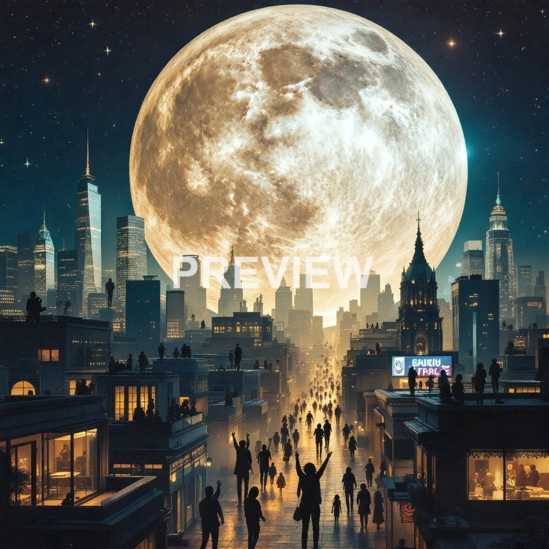 A cityscape at night with tall skyscrapers and a large, luminous full moon dominating the sky, while numerous people walk along the streets below, some appearing to celebrate or enjoy the view.